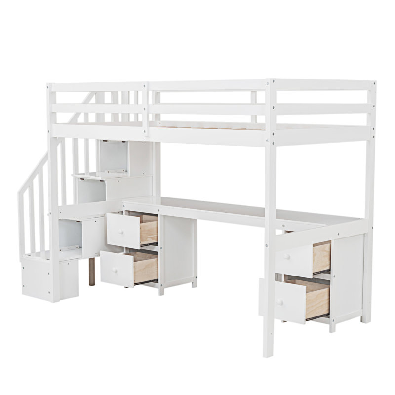 Structure de lit mezzanine avec bureau intégré et tiroirs de rangement doubles, Blanc