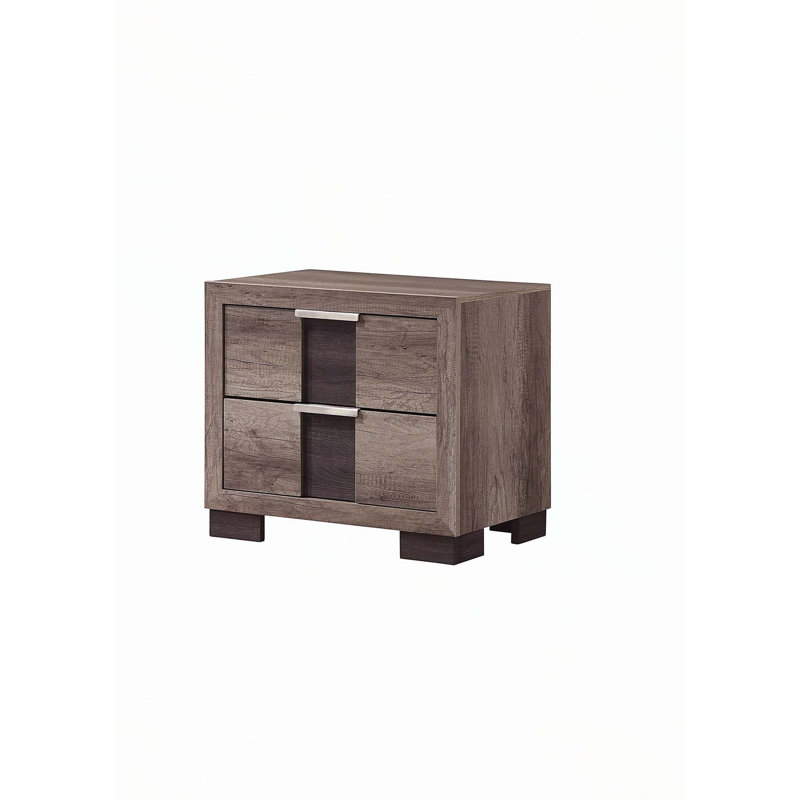 1pc Table de chevet à finition brune rustique Deux tiroirs Boutons en métal Meubles de chambre à coucher en bois, Brun