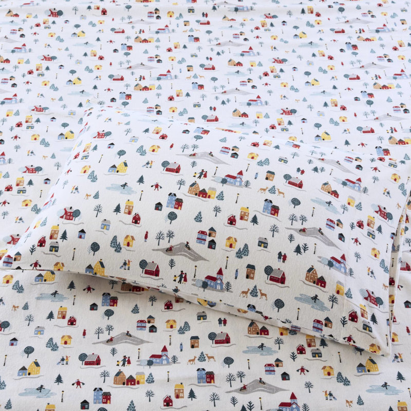 Ensemble de 4 très grands draps imprimés, 100% flanelle de coton, imprimé village blanc, doux et confortable, lavable à la machine -, comprend des draps-housses plats