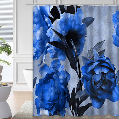 Art Vintage Monochrome Watercolor Blue Shower Curtain with 12 Hooks