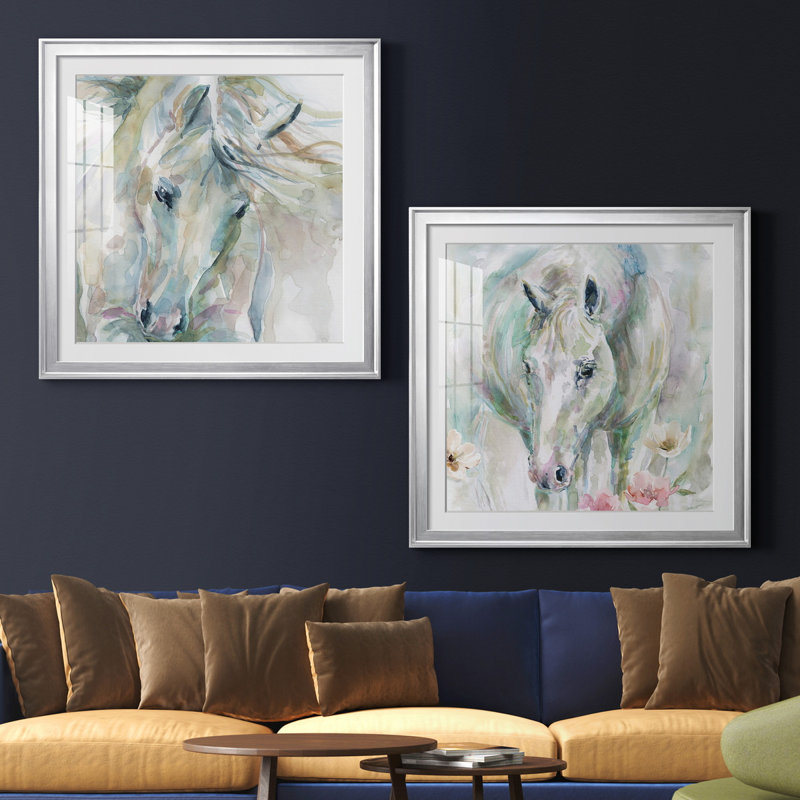 «Exuberant Spirit», ensemble de 2 reproductions d'art, Blanc, H 26,5 po x l 53 po x P 1,5 po, Papier avec cadre argenté