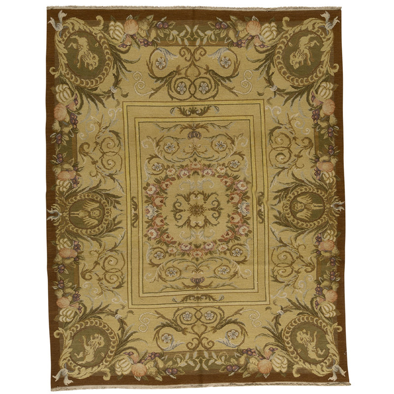Tapis vert clair / brun / beige noué à la main de haute qualité