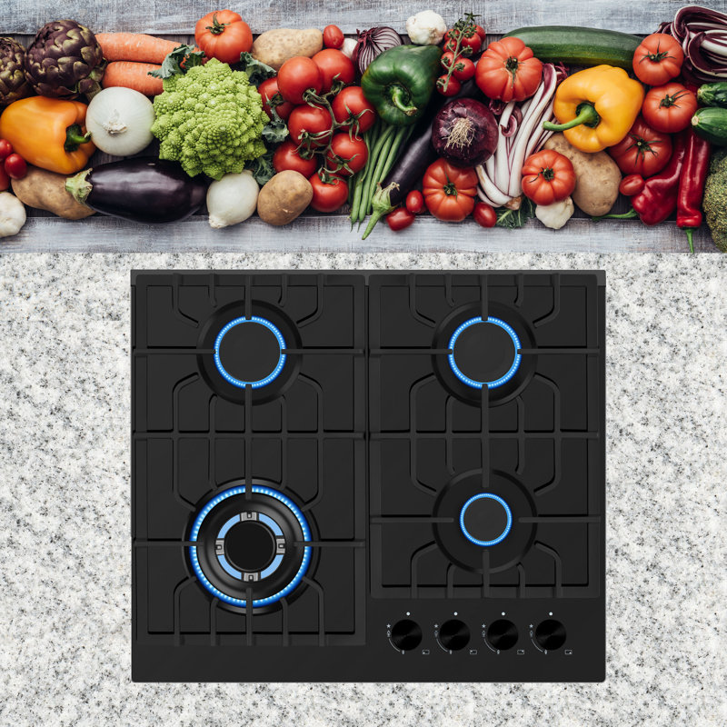 Empava 24 in. Gas Stove Cooktop, 4 Italy Sabaf Sealed Burners, NG/LPG Convertible, Tempered Glass, in Black