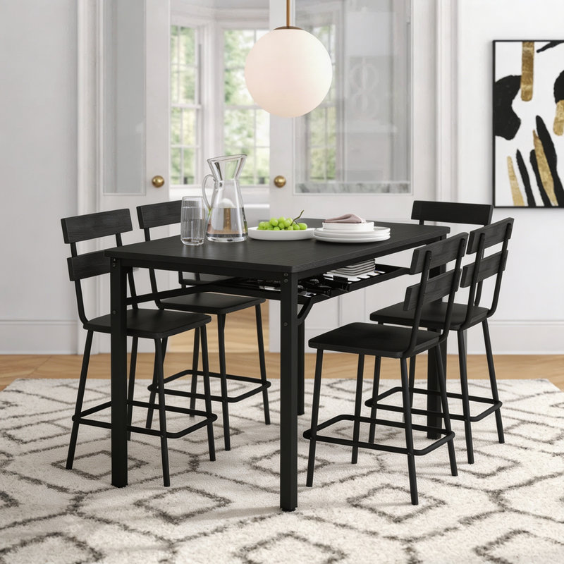 Ensemble de table de salle à manger pour 4 personnes Farmhouse, table de cuisine rectangulaire avec 4 chaises, ensemble de salle à manger en bois avec support de rangement pour la salle à manger, la cuisine et les petits espaces