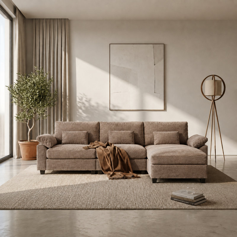 Canapé d'angle trois places en chenille avec méridienne, idéal pour toute la famille et parfait pour le salon., Brun