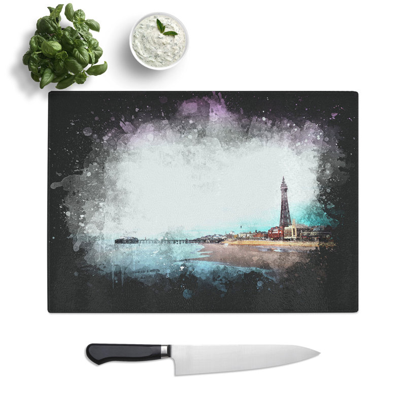 Tempered Glass Blackpool Tower and Beach Chopping Board, 28.5 cm x 39 cm