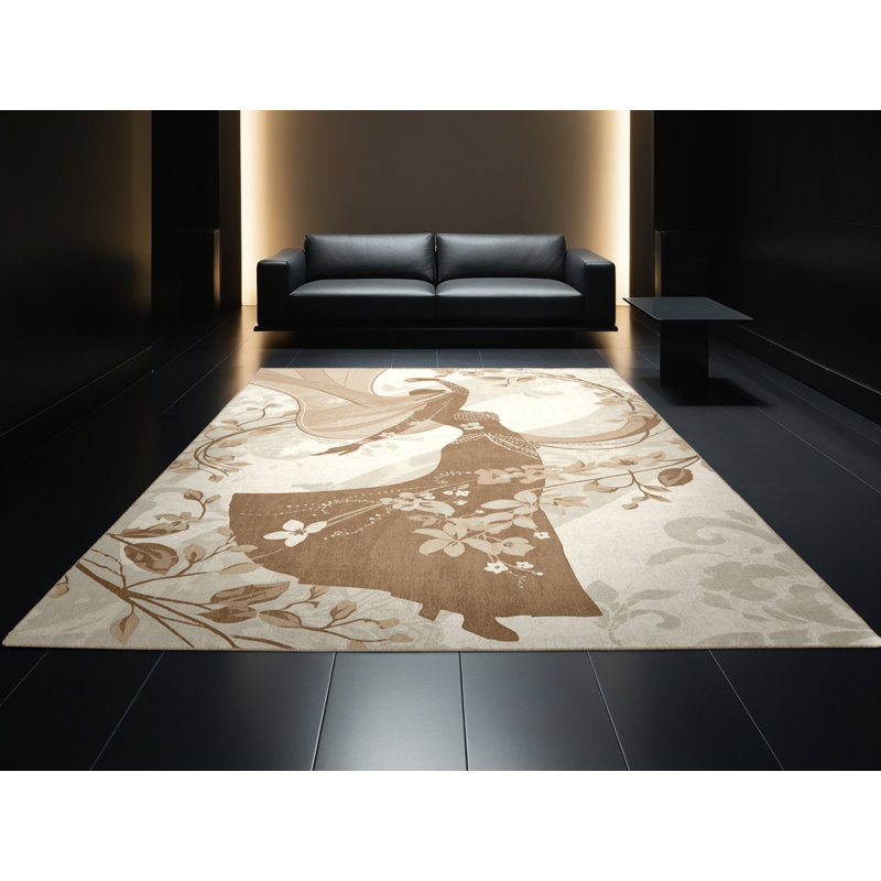 Machine Washable Oweda Belly Dancer Global Inspired Floral Rug in Beige – Beige Binding, 5x7
