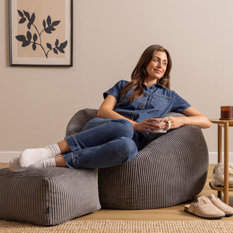 Kingston Corduroy XL Classic Bean Bag and Footstool, Grey
