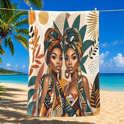 1Pcs African Women Beach Towel, featuring vibrant portraits of two with ornate headwraps and colorful patterned attire, against a backdrop abstract foliage geometric shapes. Ideal for outings, travel, camping, unisex, quick-dry