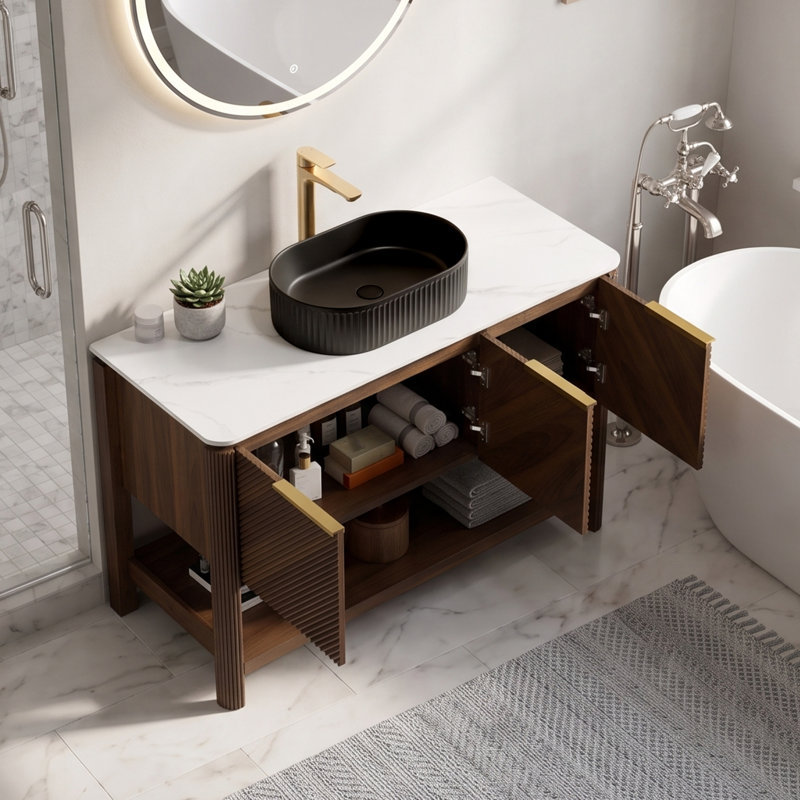 Meuble-lavabo autoportant en noyer foncé 48 po, plateau en pierre frittée et lavabo ovale en céramique rayé noir, 2 portes diagonales rayées avec tablette de rangement ouverte