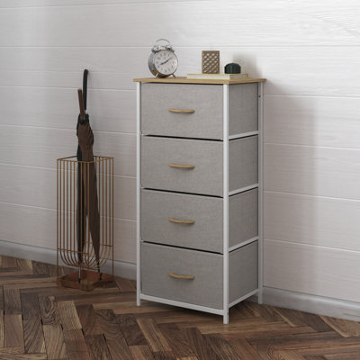 Commode de rangement verticale à 4 tiroirs Melisaa avec structure en fonte, plateau en bois et tiroirs en tissu