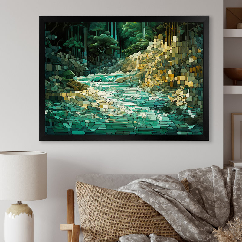 Abstrait forêt émeraude sauvage, rivière I, Cadre simple noir, H 30 po x l 40 po x P 1,5 po