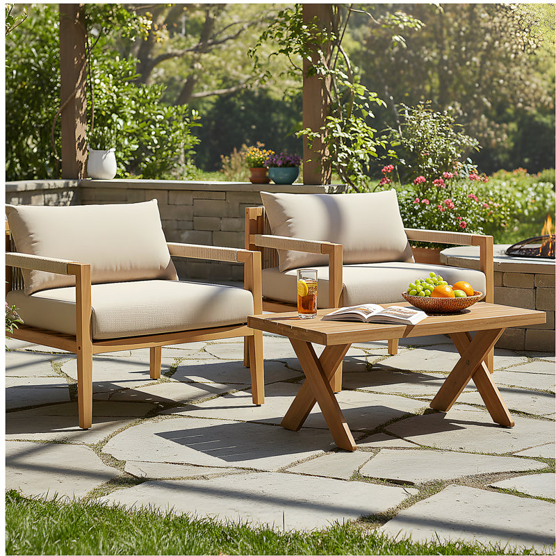 Ensemble de 2 chaises longues en corde d'acacia et beige avec table basse Sandblast