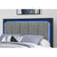Lit double avec tiroirs de rangement, tête de lit à DEL, bibliothèque, partiellement rembourré, aucun sommier tapissier requis, rangement de style contemporain noir et gris, ressort, design