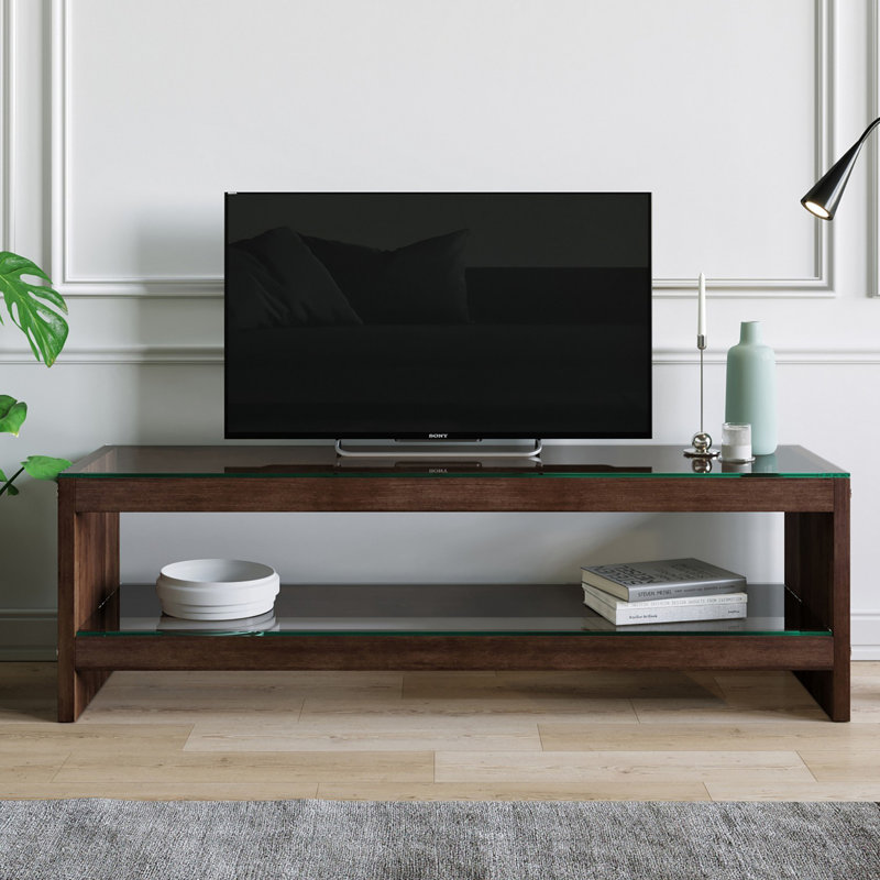 Modern TV Stand, Walnut Color, 55.1 x 17.7 x 15.7 inches | 100% Solid Pine Wood, 8 mm Thickness, 100% Tempered Glass Frame | Features Multiple Shelves, Wall-Mountable Design | Stylish and Functional Home Entertainment Solution