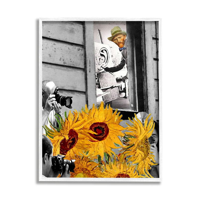 Peinture classique classique de tournesols et paparazzi de Van Gogh, L 16 po x H 16 po, Giclée encadrée blanc bord de mer