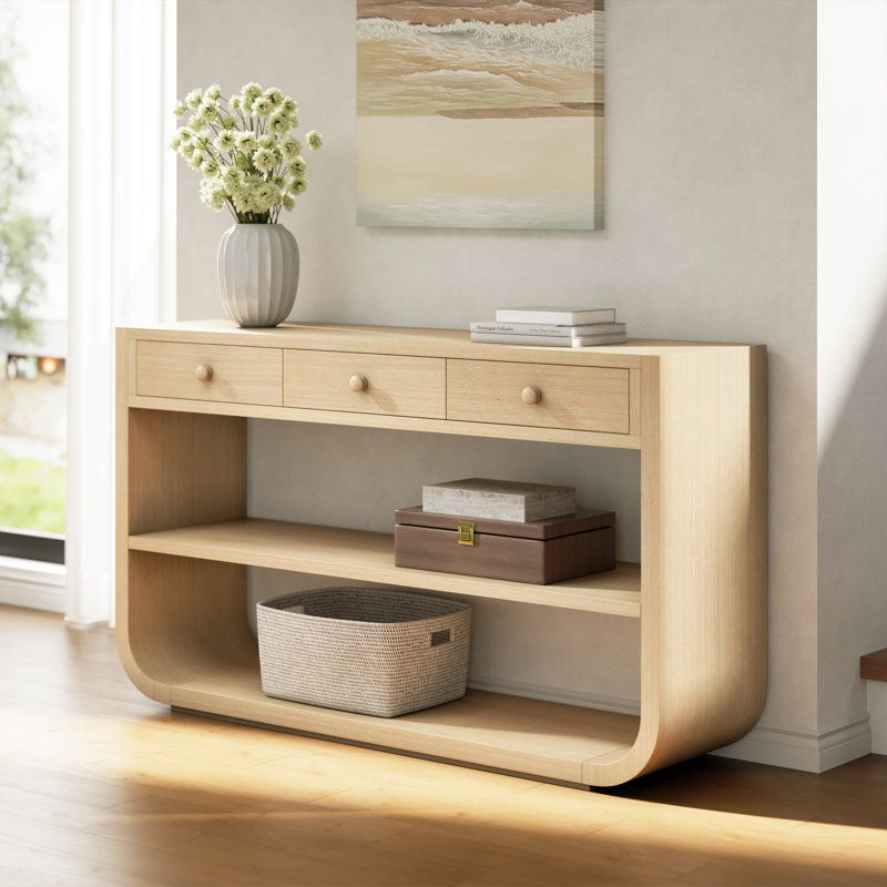 Console moderne avec 3 tiroirs à fermeture en douceur et 2 tablettes ouvertes, Natural