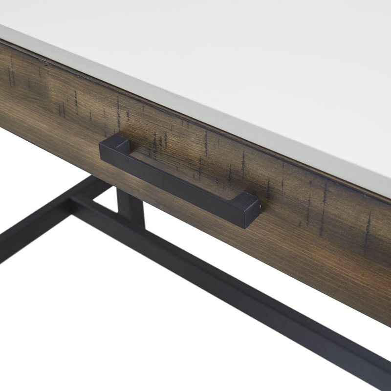 White and Brown Wood Writing Desk with Black Metal Legs and Drawer