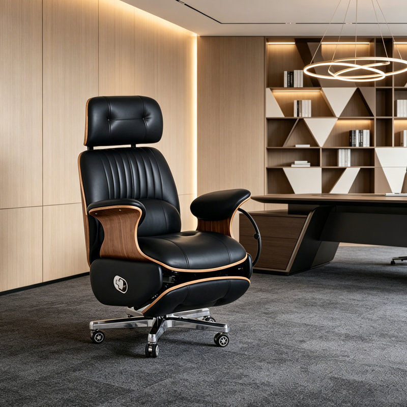 Fauteuil de direction haut de gamme en cuir noir et noyer 48,03 po de style italien avec contrôle électrique avec repose-pieds et fonction d'inclinaison