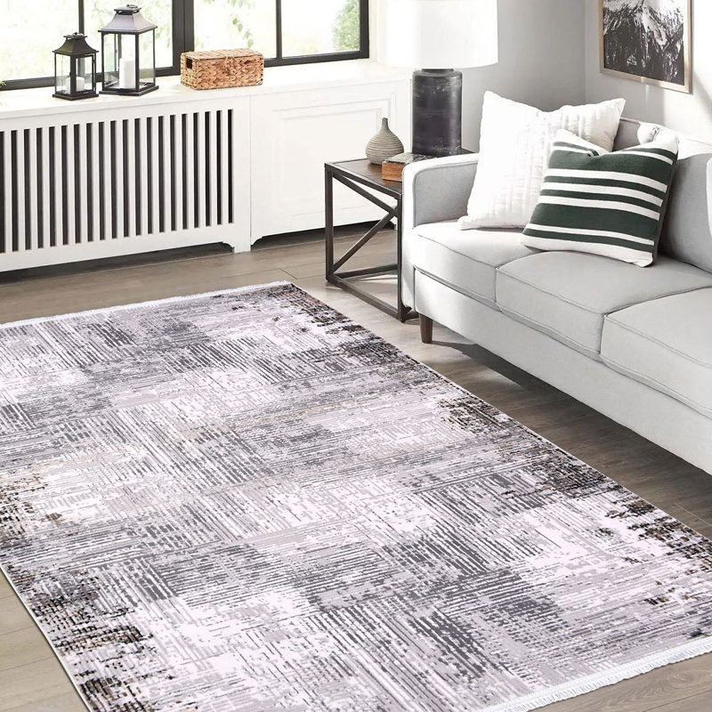 Tapis gris moderne / abstrait lavable à la machine, Rectangle 3 pi 4 po x 6 pi 7 po