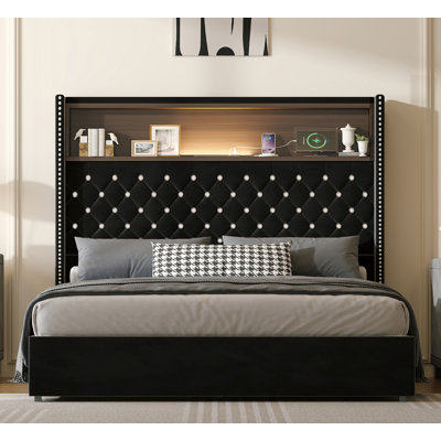 Structure de lit double capitonnée en velours pleine grandeur de luxe avec USB et veilleuse, tête de lit à rivets de 52 po, lit plateforme à tablette à oreilles, noir