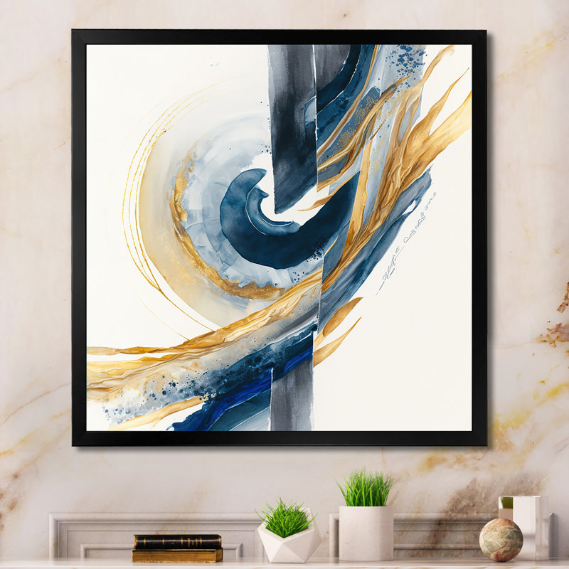 «Blue and Gold Swirl Abstract V», impression sur toile, Cadre photo noir, H 16 po x l 16 po x P 1 po