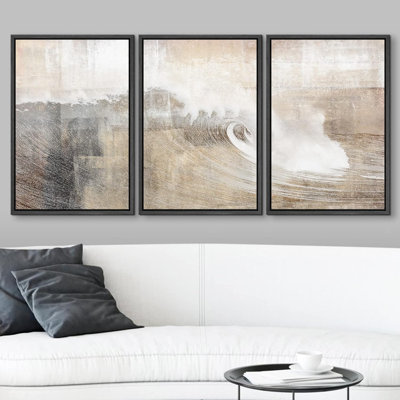 Grunge Abstract Paint Stroke Effect " Gray & Tan Color Block Ocean Wave Overlay Nature Digital Modern Art Rustic Scenic " 3 - Pieces