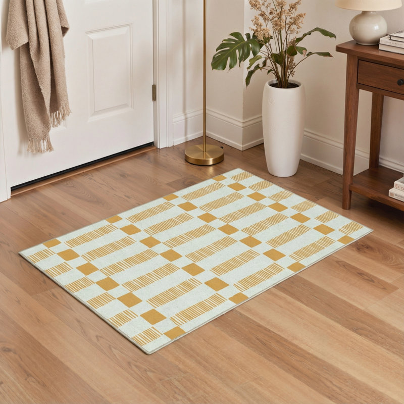 Abdellah Geometric Machine Washable Ivory/Orange Indoor Area Rug With Non-Slip Backing, Rectangle 5' x 7'