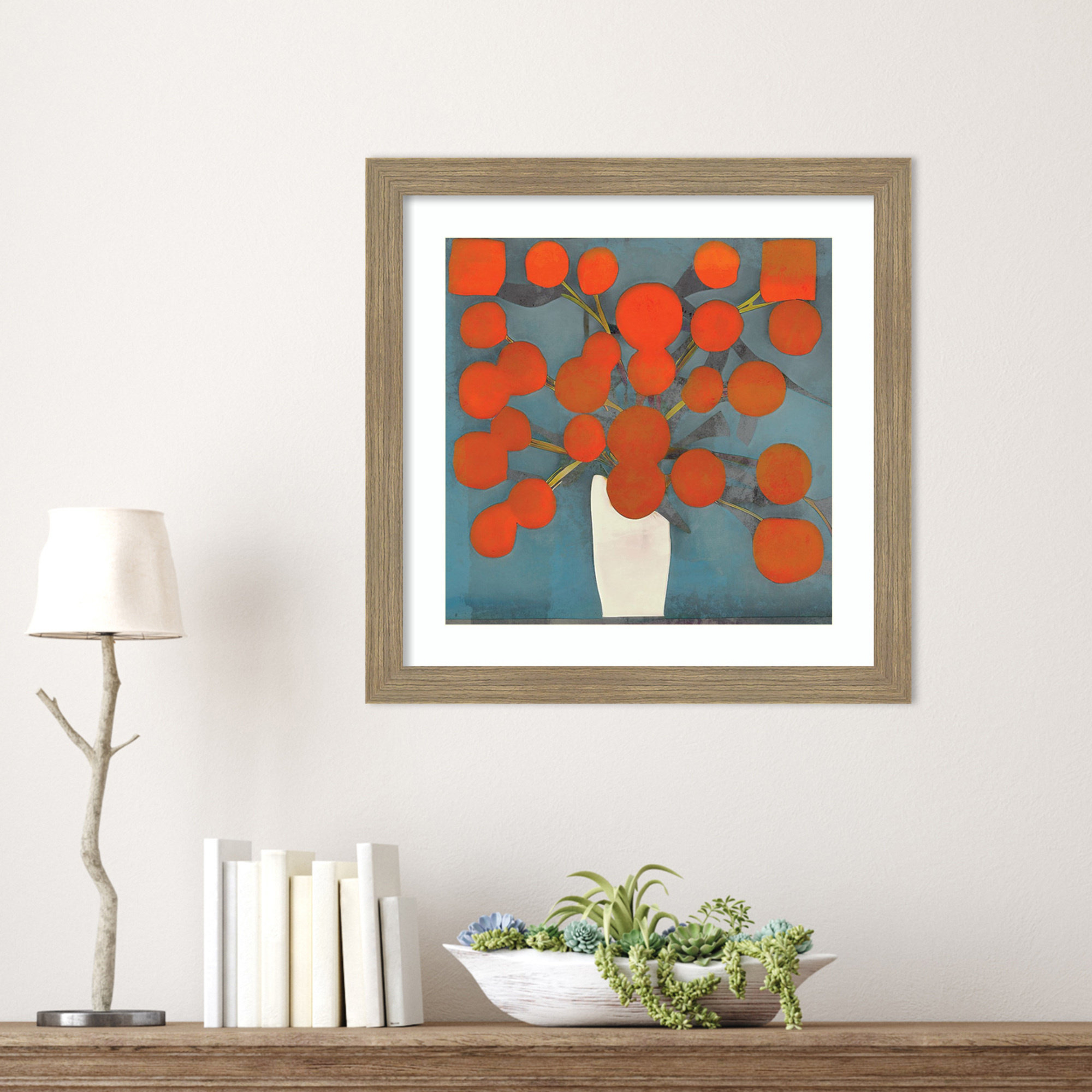 Abstract Orange Flowers by Elena Ray Wood Framed Wall Art Print, Brown, 18" H x 18" W