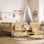 Lit simple pour enfant avec tablettes intégrées et tiroirs de rangement, escalier de sécurité et garde-corps, naturel clair-130068551-130068555
