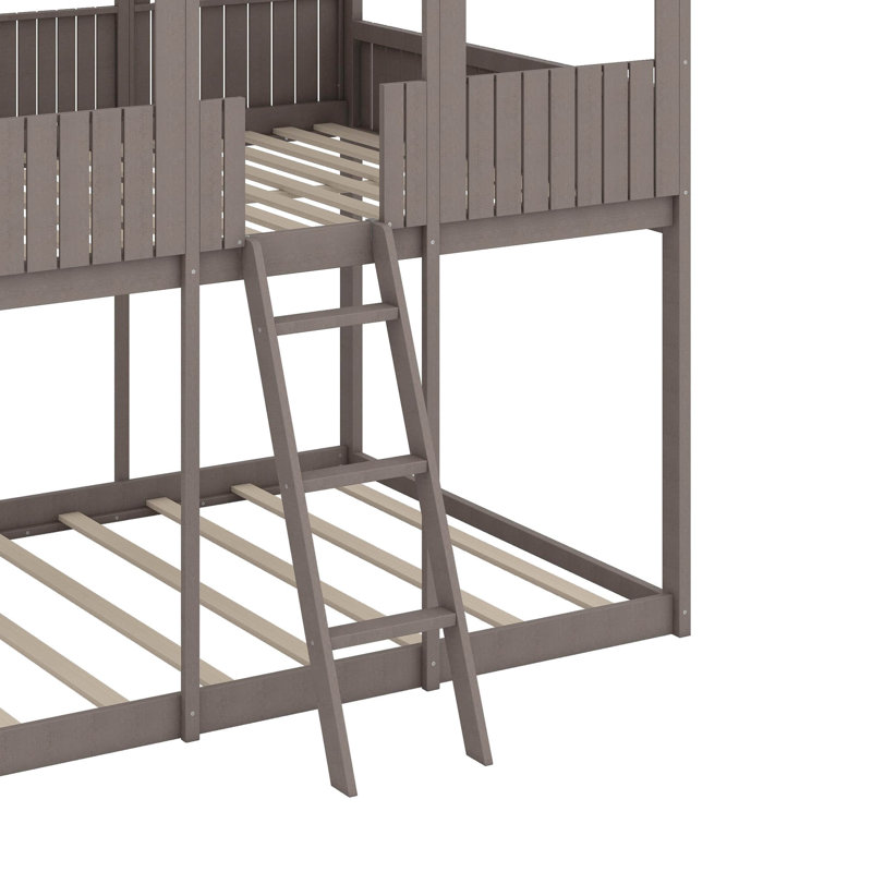 Full Over Full Wood Bunk Bed With Roof,Window, Guardrail, Ladder, Antique Gray