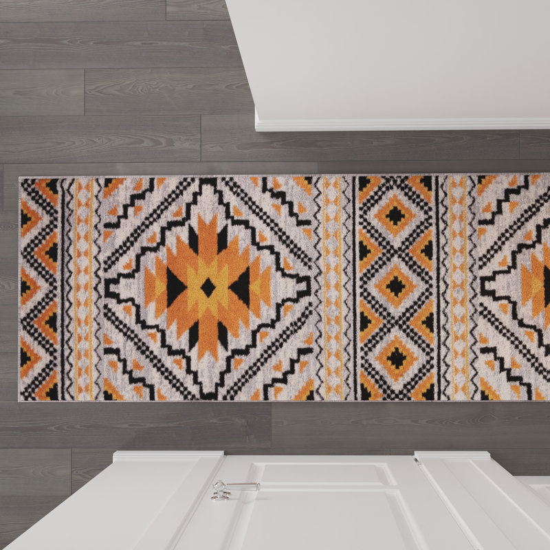 Tapis orange / noir / beige en polypropylène tissé à la machine Janess Southwestern, Tapis de couloir : 3 pi x 10 pi