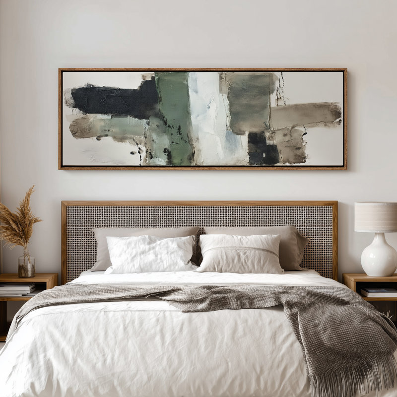 Art mural moderne avec blocs abstraits verts et noirs modernes, H 20 po x l 60 po, Naturel