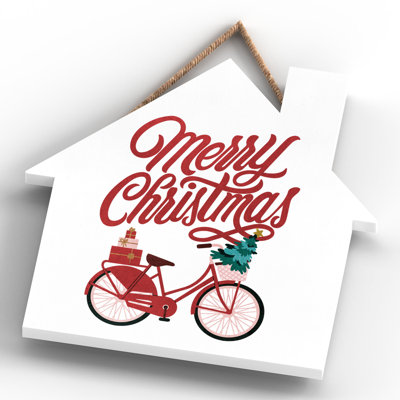 Xmas Merry Christmas Bicycle Wooden House Plaque