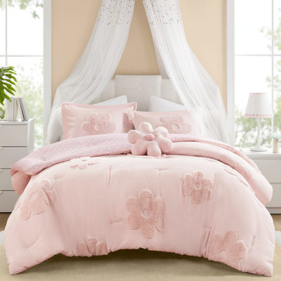 Édredon simple en chenille à motif floral rose avec rembourrage réversible en tissu lavable à la machine