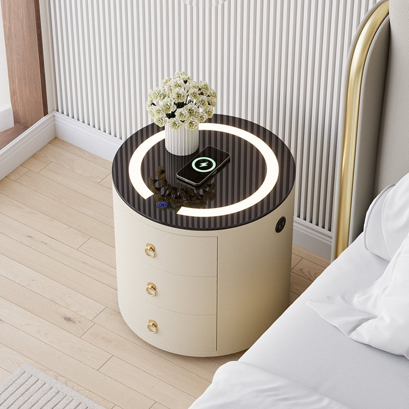 Modern Round Leather 3-Drawer Smart Nightstand with LED Light, Wireless Charging & Bluetooth Speakers