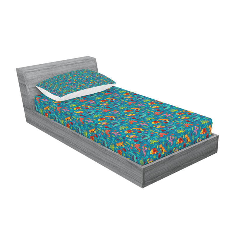 Ambesonne Dinosaur Fitted Sheet & Pillow Sham  Set,  Multicolor, Twin Sheet Set with 2 Pillowcases