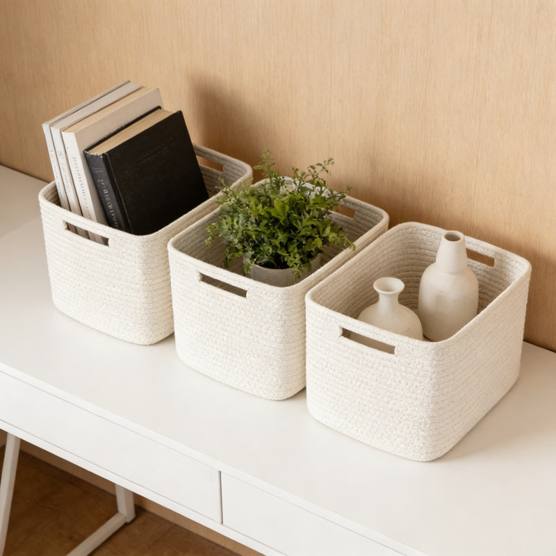 Paquet de 4 paniers de rangement tissés avec poignées, bacs de rangement pliables en tissu pour étagères, placard et rangement, matériau en coton naturel