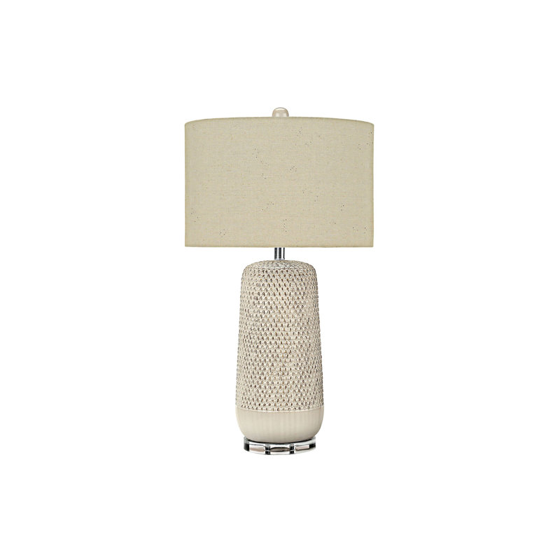 Lampe de table en céramique avec corps texturé, interrupteur à 3 voies et abat-jour en tissu beige