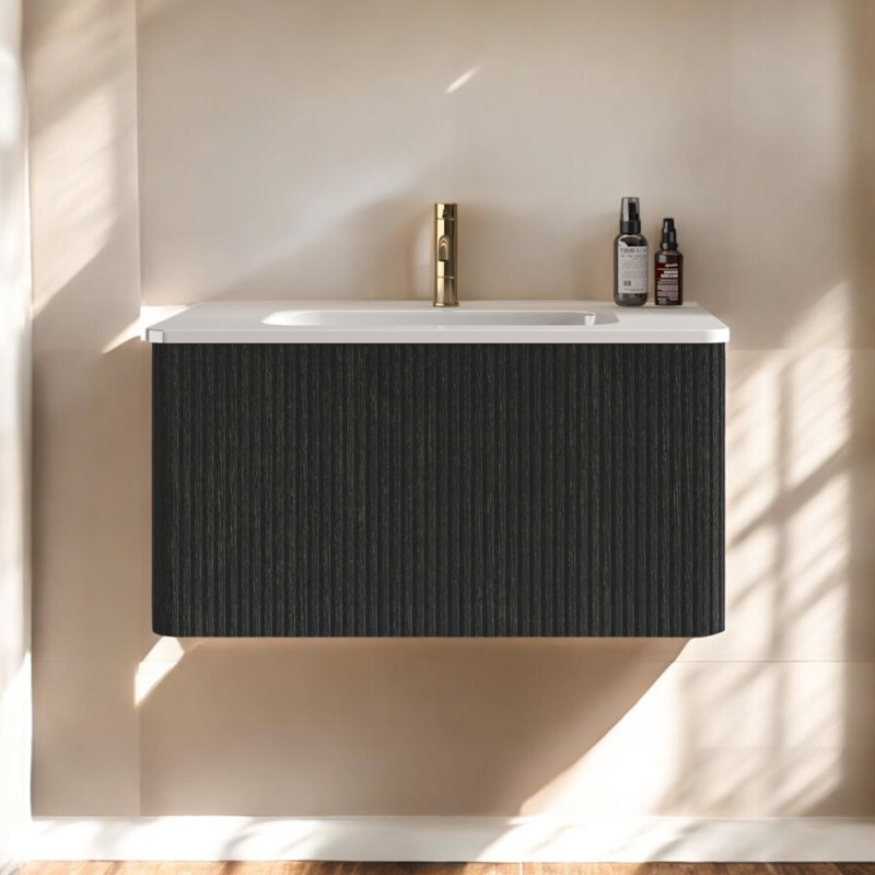 Ensemble de meuble-lavabo mural flottant rayé avec lavabo en céramique blanc pré-assemblé Etna, Noir, noir, noir, noir