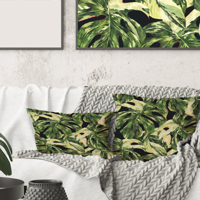 Carré, feuilles exotiques sur fond foncé II - coussin décoratif imprimé tropical