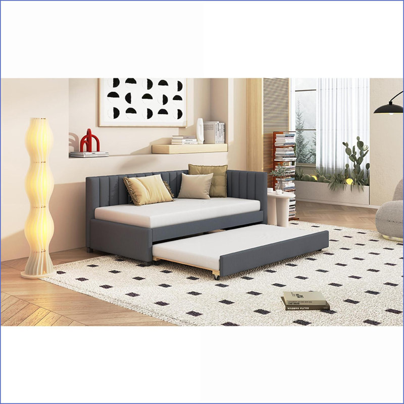 Lit de jour simple en lin rembourré avec lit gigogne - Aucun sommier nécessaire, gris - Idéal pour les petits espaces Soirées pyjama