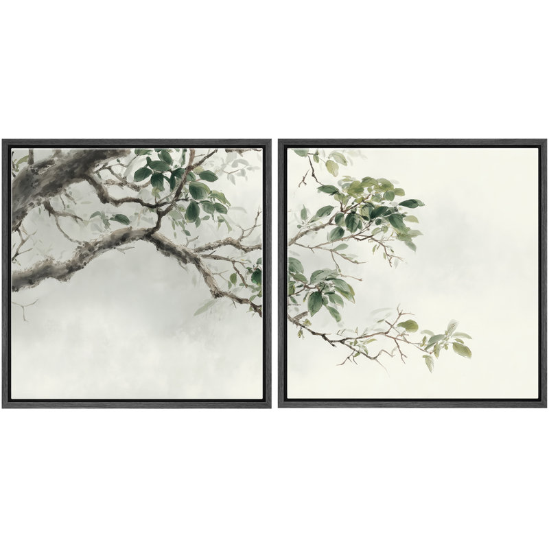 «Minimal Green Leaves Botanical Branch», ensemble de 2 reproductions d'art encadrées, H 24 po x l 24 po, Cadre flottant noir