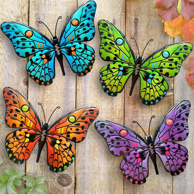 Paquet de 4 décorations murales en métal pour l'extérieur et l'intérieur, Mauve / orange / vert / bleu