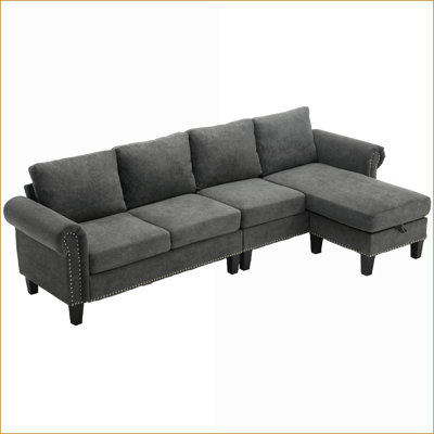 Canapé modulaire convertible avec rangement, velours flocon de neige moderne 4 places pour le salon | Gris ardoise | Cadre en bois