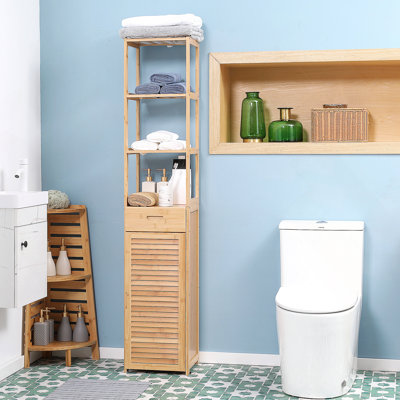 Armoire de salle de bain haute avec tiroir et tablettes à lattes, tour en lin de bambou mince avec porte à persiennes, naturel