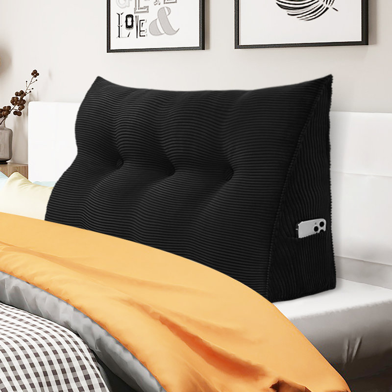 Sit-up Back Comfort 100% Cotton Corduroy Backrest Bed Back Support Headboard Wedge Reading Pillow Compression, Twin, Black