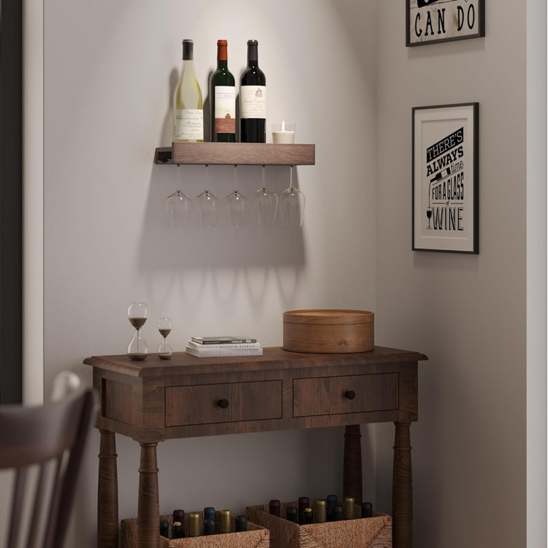 Support mural pour bouteilles de vin flottant en bois avec porte-verres