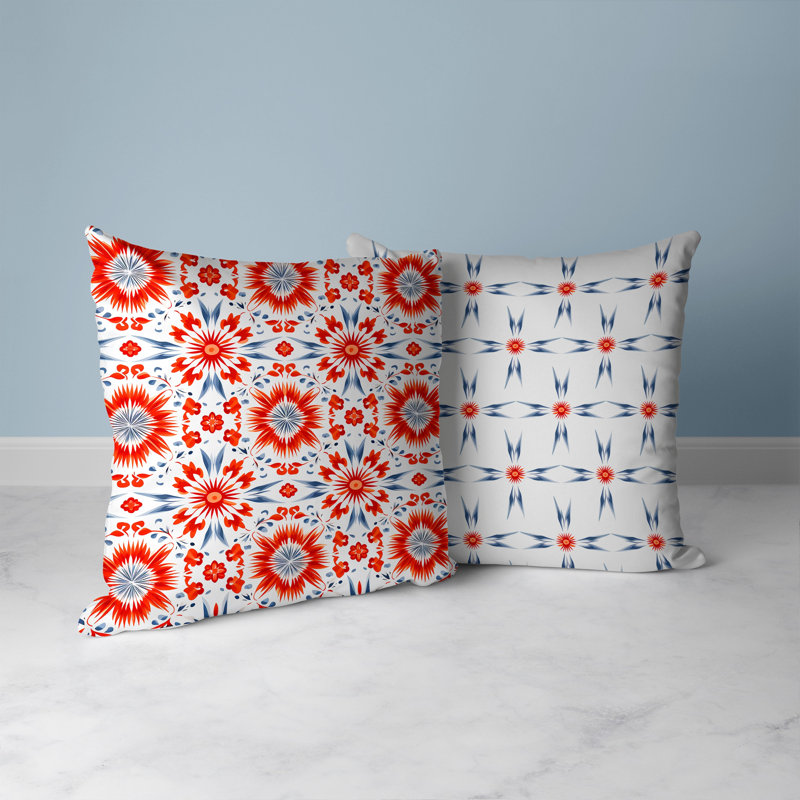 Vibrant Red and Gray Floral Geometric Square Pillow