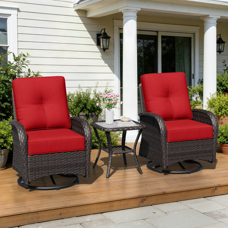 Ensemble de conversation en rotin pour 2 personnes avec table d'appoint, 2 chaises pivotantes et coussins rouges, Rouge